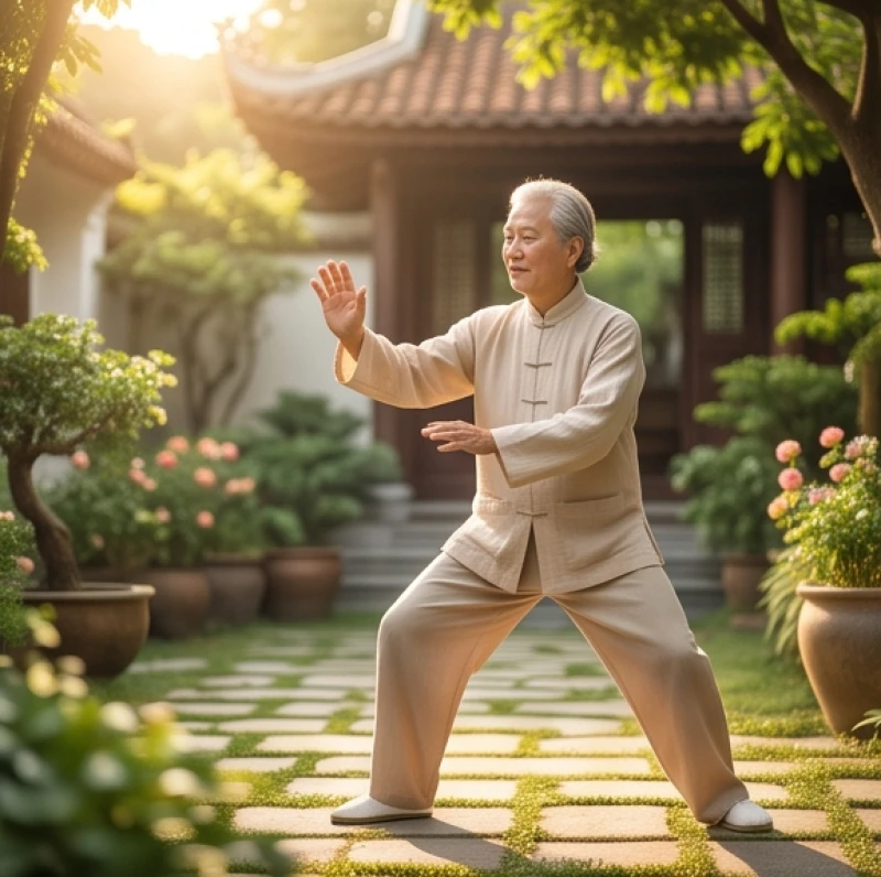 Tử vi tuổi Ất Mùi 1955 năm 2027: Tra đại hạn và cách cúng sao 1 Người cao tuổi thong thả tập dưỡng sinh trong không gian sân vườn ngập tràn ánh nắng buổi sớm