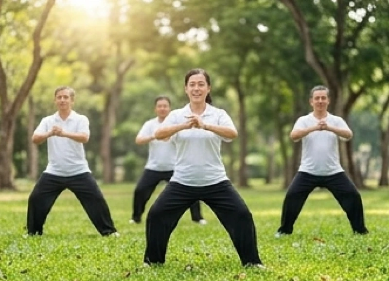 Nhóm người trung niên đang tập dưỡng sinh nhẹ nhàng vào buổi sáng để duy trì nền tảng thể lực ổn định