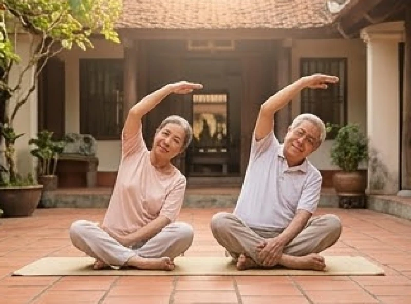 Tuổi Bính Tuất 1946: Bản mệnh, phong thủy an dưỡng & sức khỏe 8 Cụ ông và cụ bà tập các động tác vươn vai nhẹ nhàng trong khoảng sân gạch rợp bóng mát