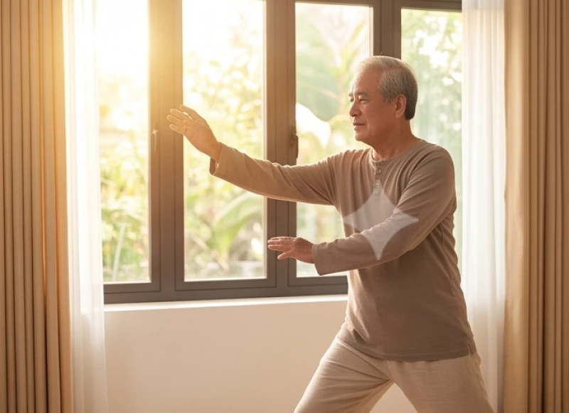 Cụ ông thong thả tập các động tác dưỡng sinh nhẹ nhàng bên khung cửa sổ tràn ngập ánh nắng