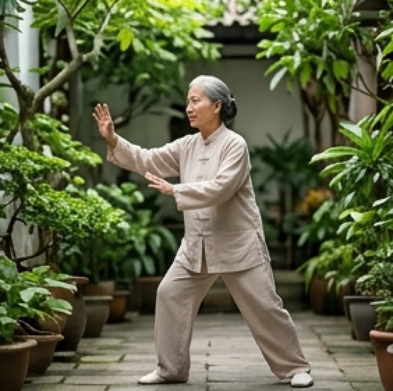 Người phụ nữ lớn tuổi mặc trang phục thoải mái đang say sưa tập dưỡng sinh trong vườn nhà