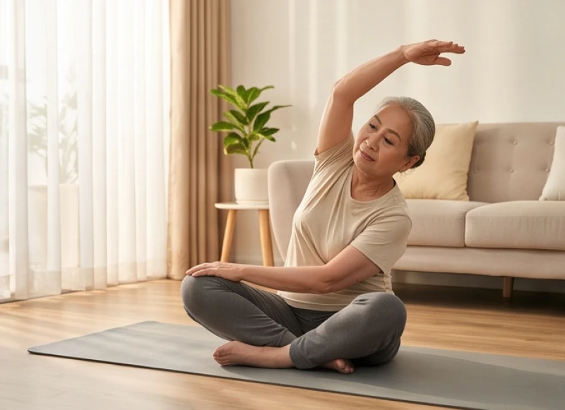 Người cao tuổi đang thực hiện các động tác giãn cơ nhẹ nhàng trên thảm tập yoga trong nhà