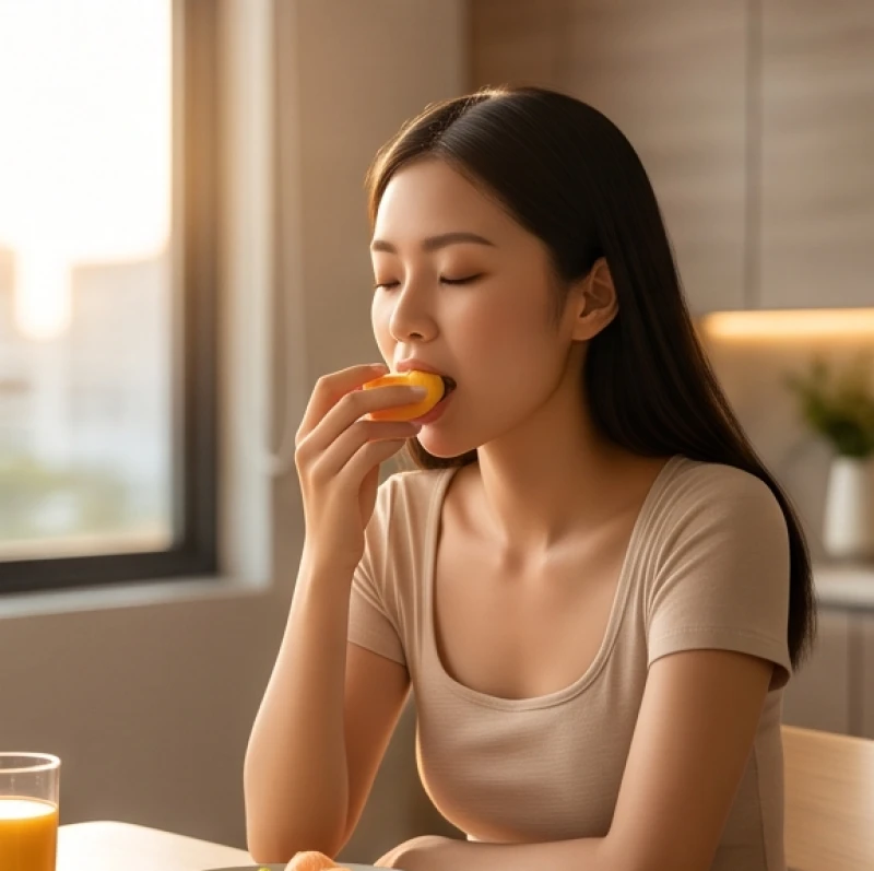 Cô gái đang ăn uống chậm rãi và có ý thức phân bổ đều lực nhai để cải thiện sự phát triển của cơ hàm