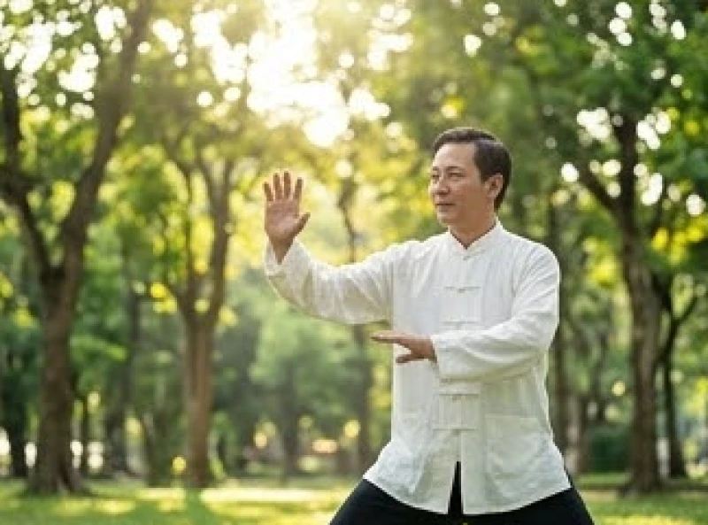 Sức khỏe tuổi Ngọ: Phác đồ dưỡng sinh và bố trí không gian 10 Người trung niên rèn luyện sức khỏe bằng bài tập Thái Cực Quyền trong công viên xanh mát
