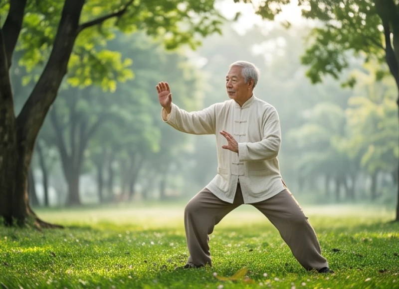 Người đàn ông lớn tuổi tập luyện thái cực quyền trong công viên nhiều cây xanh