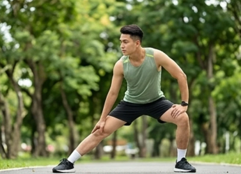 Thanh niên khởi động kỹ càng trước khi chơi thể thao để phòng tránh chấn thương cơ bắp