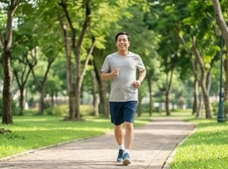Một người trung niên đang đi bộ thể dục buổi sáng tại công viên nhiều cây xanh để nâng cao thể trạng