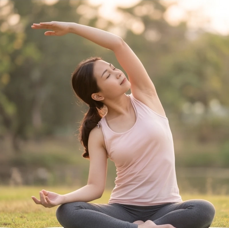 Một người phụ nữ đang tập các động tác yoga giãn cơ nhẹ nhàng trong không gian ngập tràn ánh sáng tự nhiên