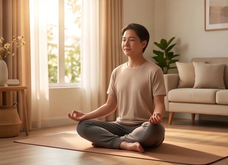 Một người đang ngồi nhắm mắt thiền tĩnh tâm trên thảm yoga trong phòng khách để giải tỏa áp lực