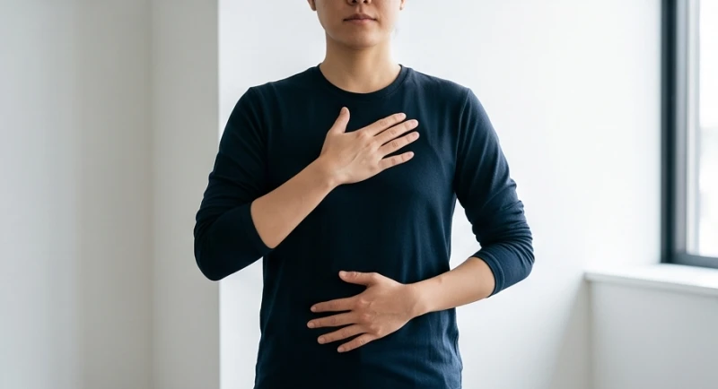 Một người đang đặt tay lên ngực và bụng để thực hành kỹ thuật thở cơ hoành