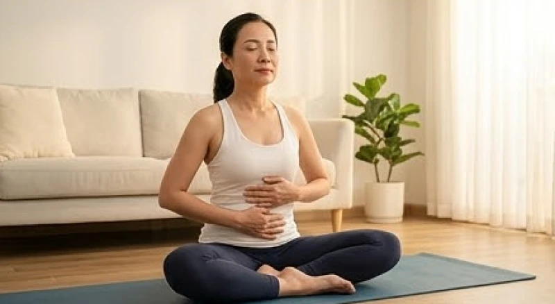 Người phụ nữ ngồi thiền và tập hít thở sâu trên thảm yoga trong không gian phòng khách tràn ngập ánh sáng tự nhiên
