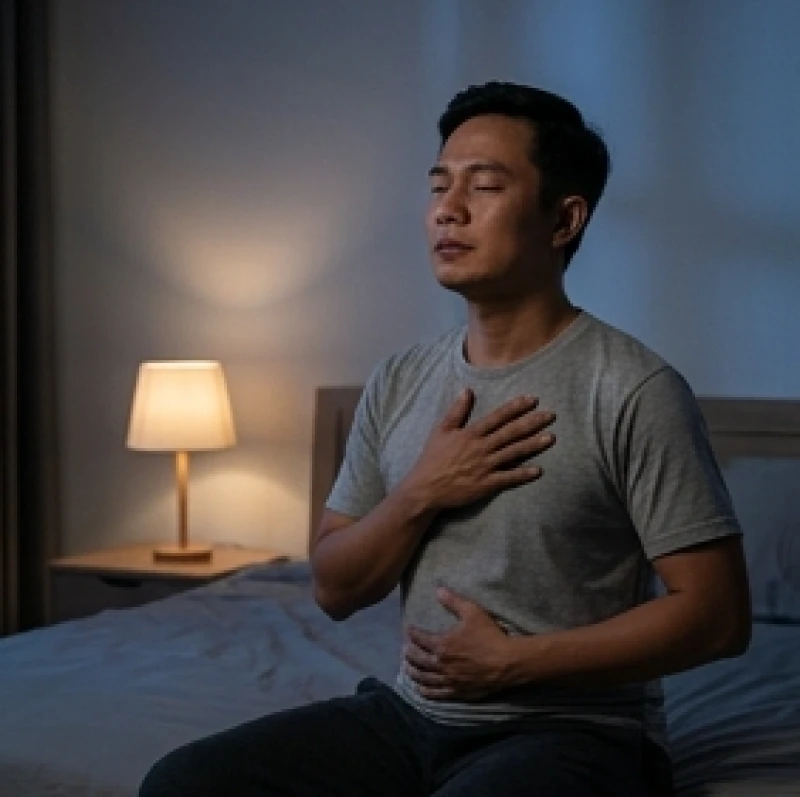 Người đàn ông ngồi thẳng lưng nhắm mắt, đặt tay lên ngực và tập trung hít thở sâu để kiểm soát cơn hoảng loạn