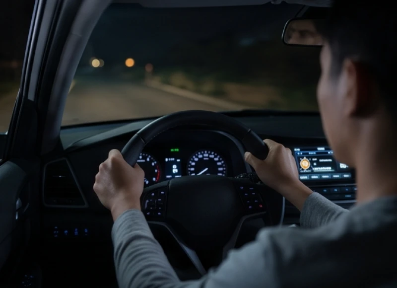 Người tài xế cẩn trọng và tập trung cao độ khi cầm lái ô tô tham gia giao thông vào ban đêm