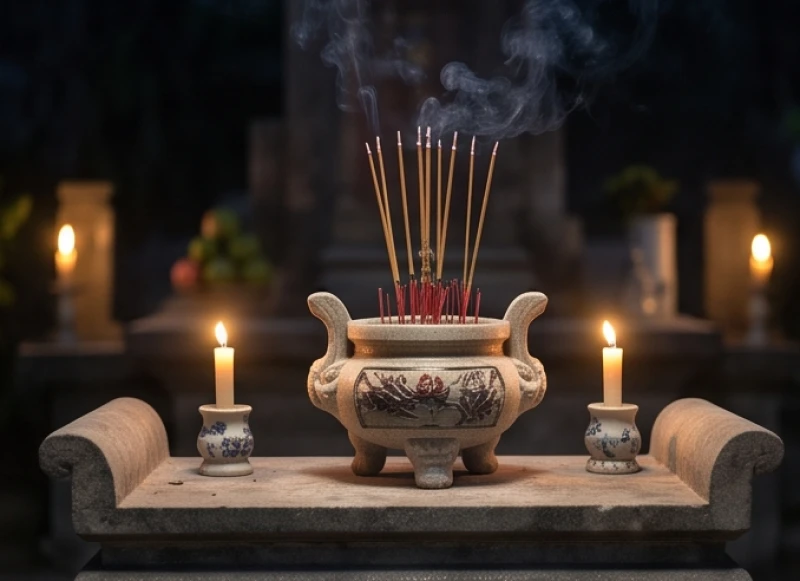 Khung cảnh thực hiện tập tục sang cát truyền thống diễn ra trong sự trang nghiêm và thành kính