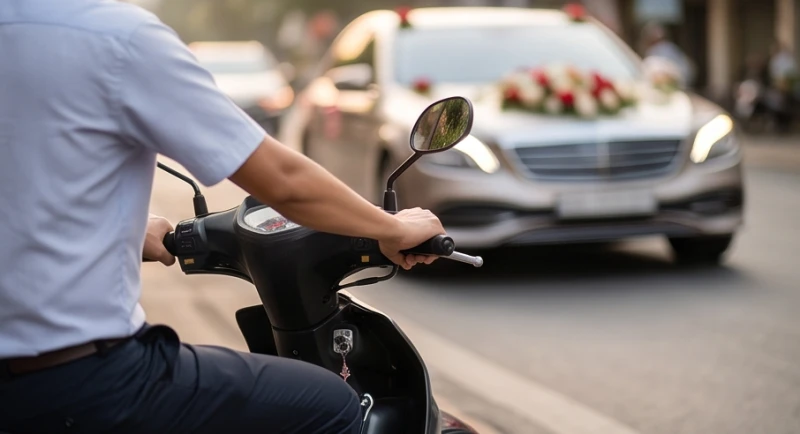 Hành động tấp xe máy vào sát lề đường bên phải để nhường không gian cho các phương tiện khác