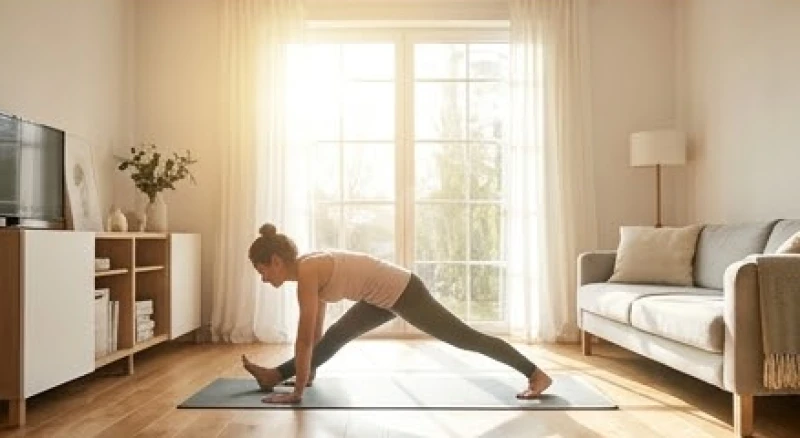 Người phụ nữ tập luyện yoga nhẹ nhàng vào buổi sáng để tăng cường tuần hoàn máu và thể lực