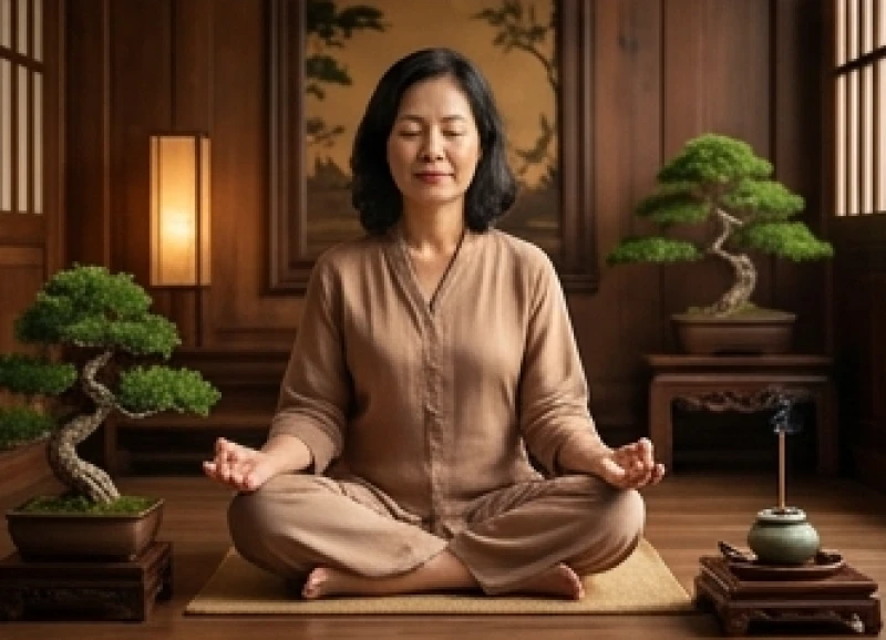 Người phụ nữ thực hành thiền định để giải tỏa căng thẳng và cân bằng nhịp sống hàng ngày