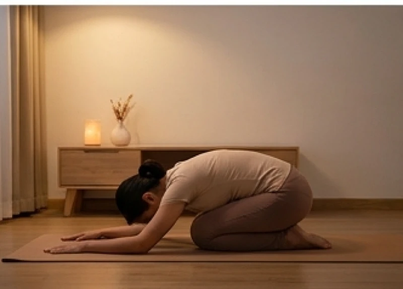 Người phụ nữ đang thực hiện tư thế yoga em bé trên thảm tập tại nhà để xả stress và kéo giãn cột sống lưng