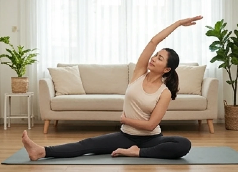 Phụ nữ thực hiện các động tác yoga giãn cơ nhẹ nhàng tại nhà giúp giải tỏa căng thẳng