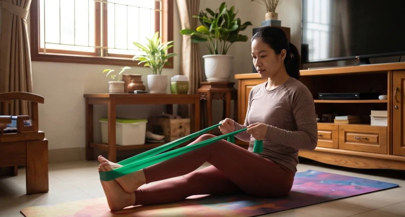 Người phụ nữ tập các động tác kéo giãn cơ với dây band ngay trong phòng khách