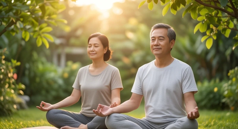 Tử vi tuổi Kỷ Mùi 1979 năm 2027: Lịch 12 tháng và giải hạn 1 Người đàn ông và phụ nữ trung niên tập yoga ngoài trời vào buổi sáng để duy trì sức khỏe