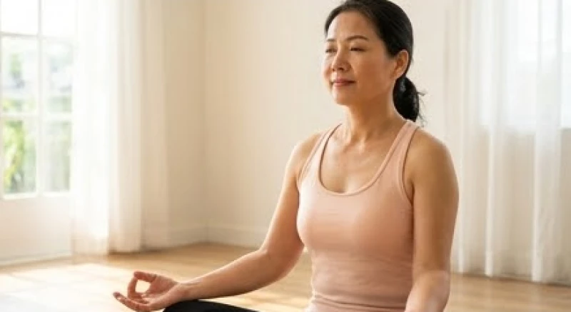 Phụ nữ trung niên đang ngồi tập yoga thiền định nhẹ nhàng trong không gian thoáng đãng ngập nắng
