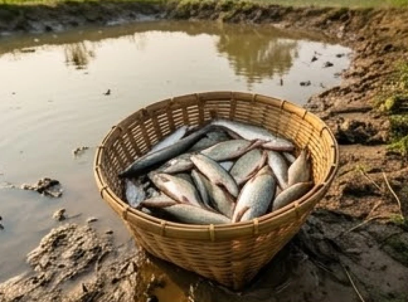 Giỏ tre chứa đầy cá tươi bên cạnh bờ ao bùn đất đánh dấu thời điểm thu hoạch tài lộc