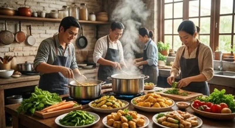 Không khí tất bật chuẩn bị nấu nướng các món ăn thiết đãi khách khứa phản ánh gánh nặng trách nhiệm