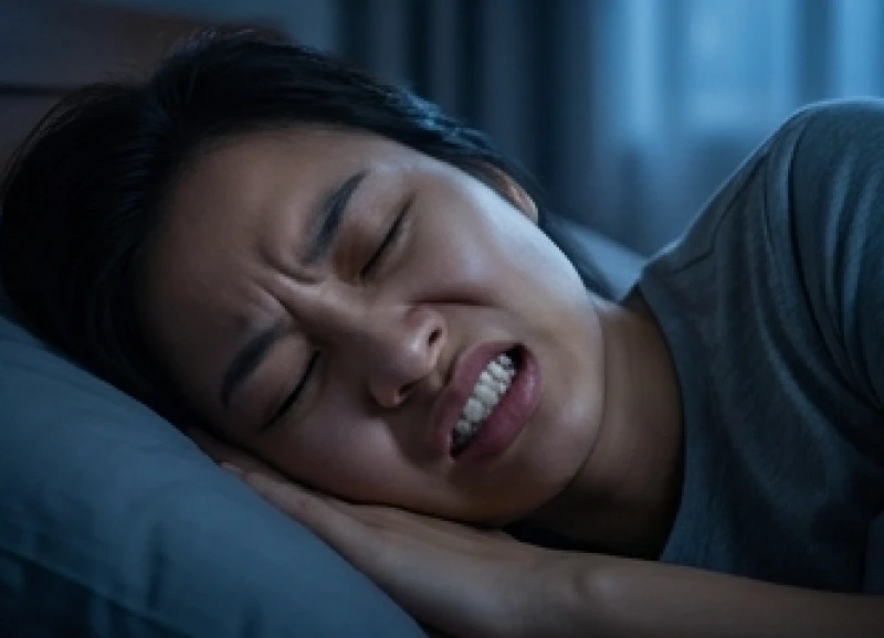 Một người đang ngủ say trong bóng tối nhưng nét mặt căng thẳng do tật nghiến răng