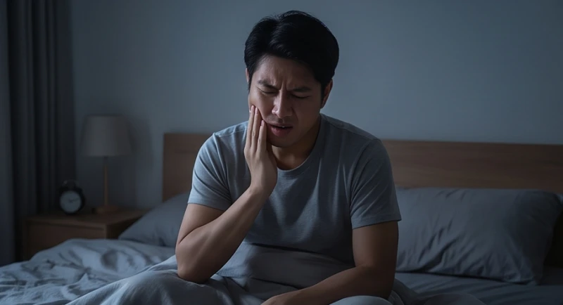 Mơ thấy rụng răng: Điềm báo, con số may mắn và lý giải khoa học 3 Một người đang ôm má đau đớn khi thức dậy, hệ quả của tật nghiến răng tạo ra ảo giác mơ thấy rụng răng