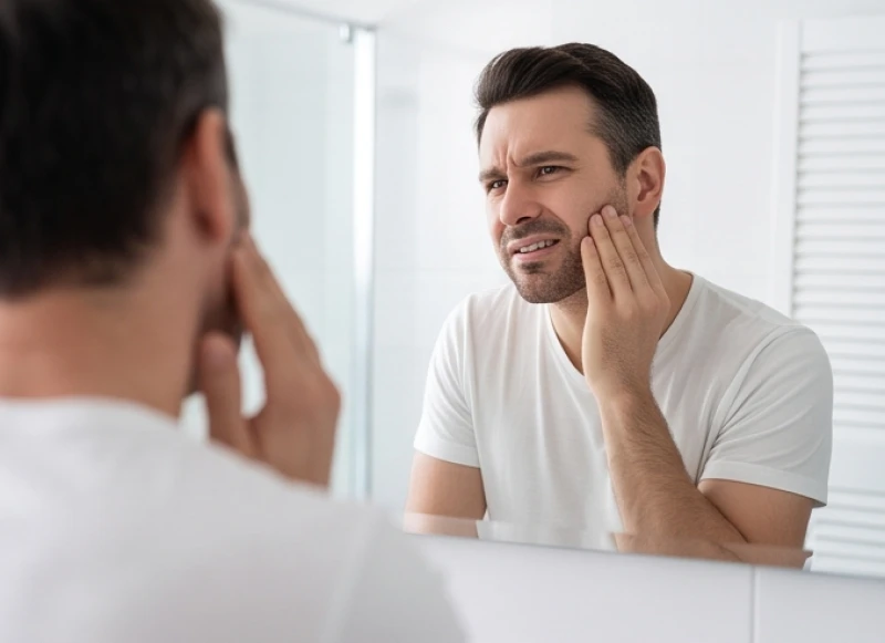 Người đàn ông xoa bóp khớp thái dương hàm đau mỏi vào buổi sáng sau khi thức dậy