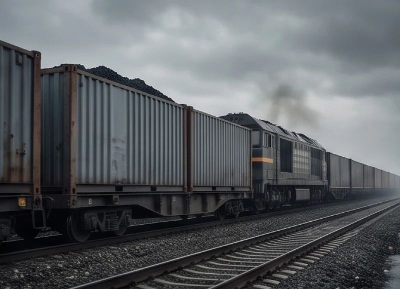 Những toa tàu chở đầy than đá và container thép nặng nề đang di chuyển chậm chạp trên đường ray