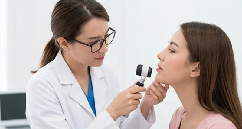 Bác sĩ da liễu khám và tư vấn phương pháp tẩy nốt ruồi ở cằm trái nữ