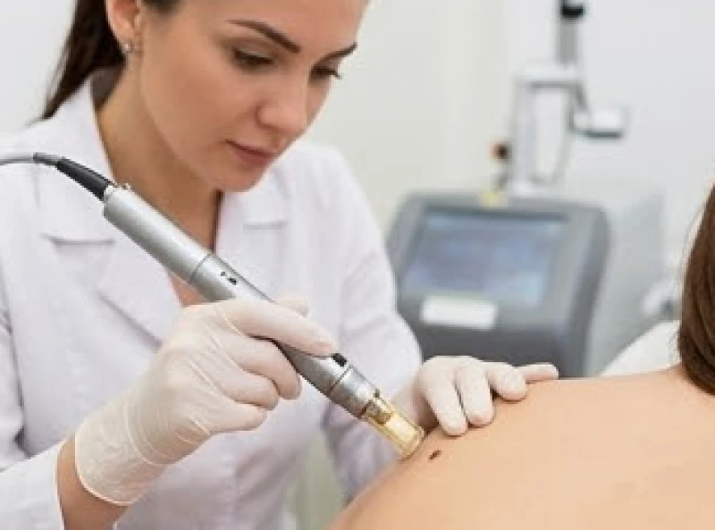Bác sĩ da liễu tiến hành phương pháp tẩy nốt ruồi bằng tia laser y khoa chuyên dụng