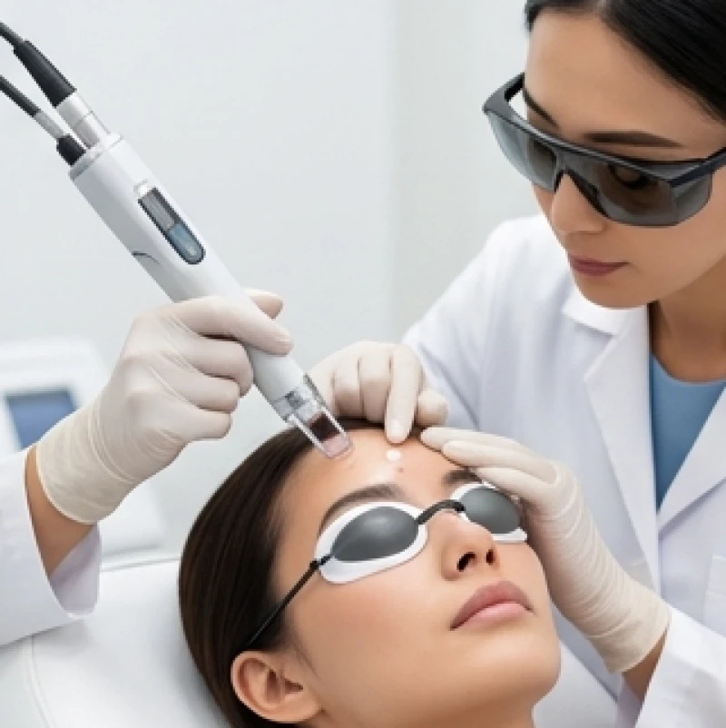 Bác sĩ da liễu trực tiếp dùng tia laser Fractional CO2 để xóa bỏ nốt ruồi trên trán một cách an toàn