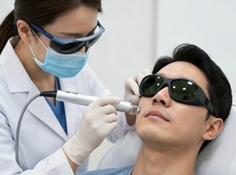 Quá trình chiếu tia laser thẩm mỹ để loại bỏ nốt ruồi nhỏ trên khuôn mặt nam giới
