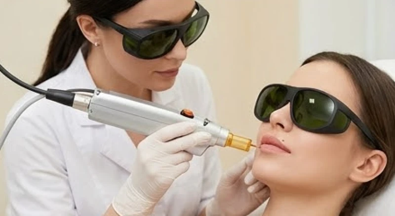 Quá trình bác sĩ sử dụng tia laser hiện đại để xử lý hắc sắc tố trên vùng niêm mạc môi nhạy cảm