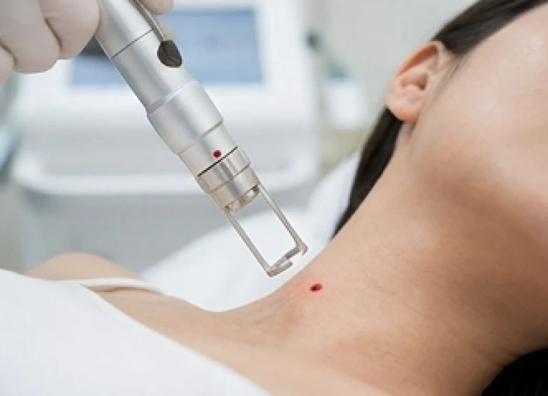 Chuyên viên y tế sử dụng công nghệ tia Laser CO2 Fractional để xử lý mảng hắc tố nốt ruồi ở vùng cổ bệnh nhân
