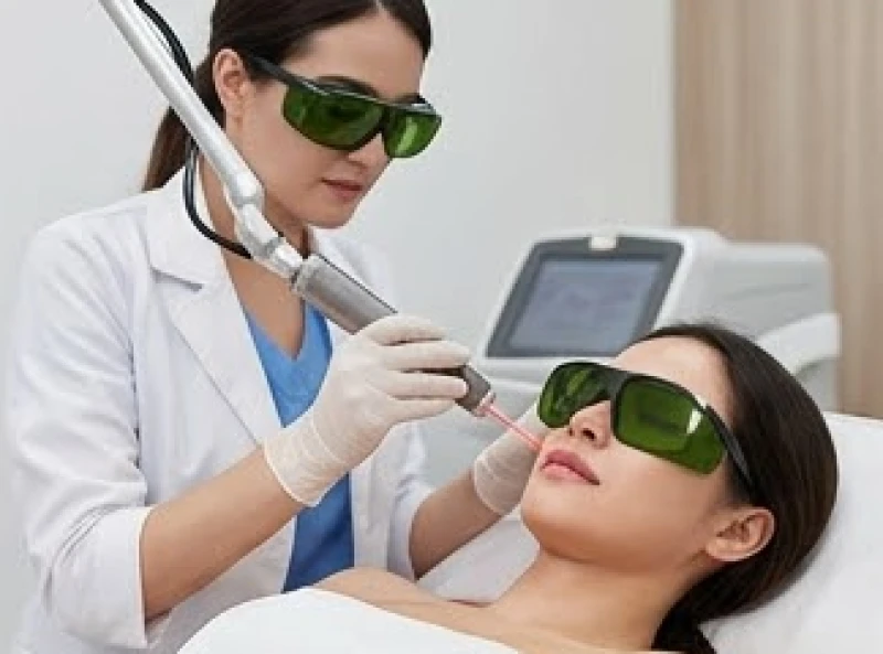 Chuyên viên y tế thao tác máy laser CO2 để xóa bỏ các đốm đen tối màu trên da lưng một cách an toàn