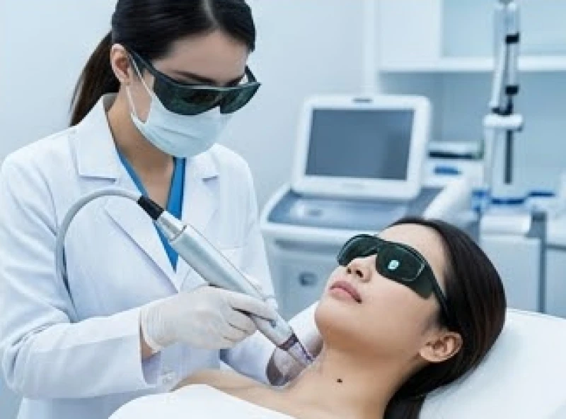 Quá trình bác sĩ thực hiện chiếu tia laser CO2 Fractional để tẩy nốt ruồi trên da cổ