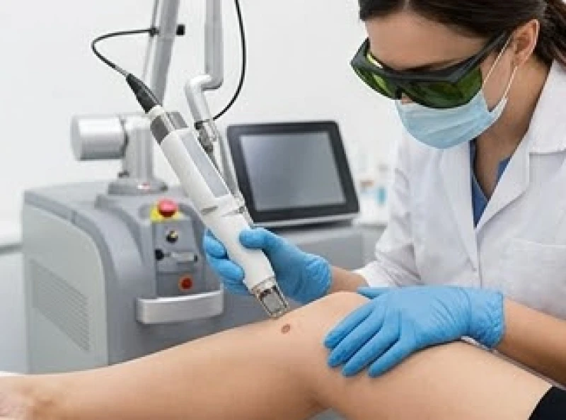 Máy laser CO2 Fractional đang được chiếu vào vùng da có nốt ruồi để bốc hơi hắc tố