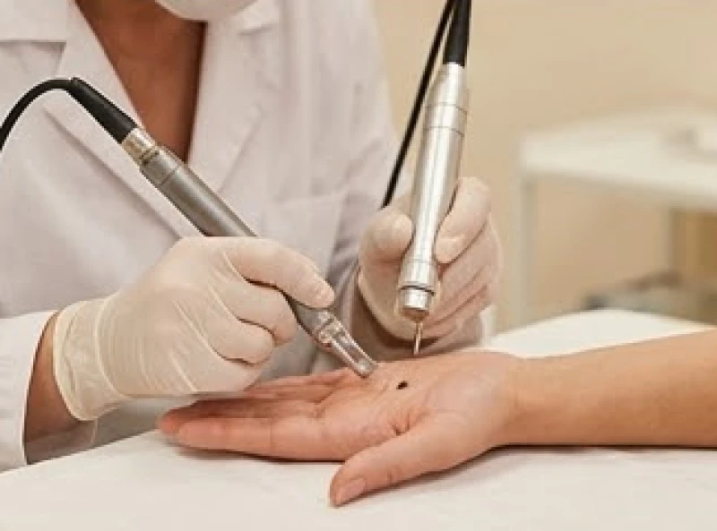 Bác sĩ da liễu đang sử dụng thiết bị laser vi điểm để điều trị nốt ruồi trong lòng bàn tay