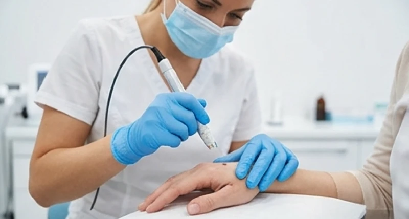 Kỹ thuật viên thao tác tia laser CO2 để tẩy nốt ruồi trên bàn tay an toàn