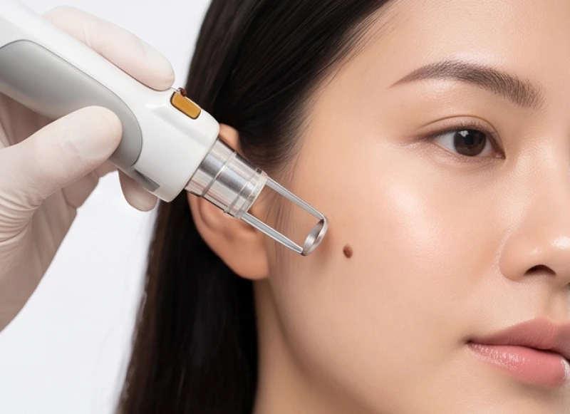 Thiết bị phát tia laser y tế đang được sử dụng để bóc tách nhẹ nhàng nốt sắc tố trên vùng má của người bệnh