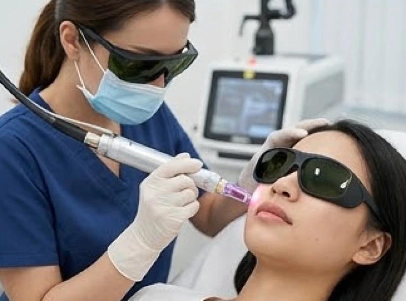 Nốt ruồi không nên giữ trên mặt: Vị trí xấu và cách xóa an toàn 8 Bác sĩ da liễu đang sử dụng máy Laser CO2 Fractional chiếu tia hội tụ để bốc hơi tế bào hắc sắc tố trên da mặt