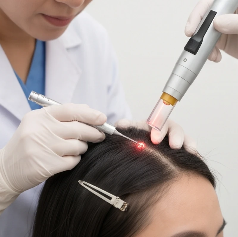Bác sĩ thao tác chiếu tia laser CO2 vào vị trí nốt ruồi trên da đầu đã được rẽ tóc gọn gàng bằng kẹp