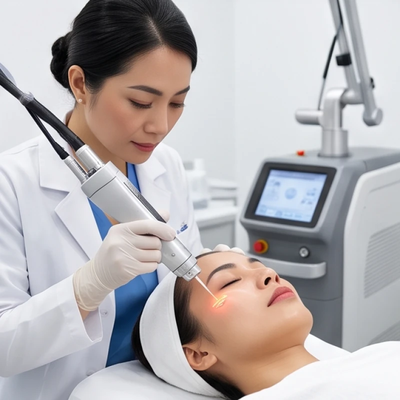 Vị trí nốt ruồi trên mặt không nên xóa & quy tắc tẩy an toàn 7 Chuyên gia da liễu đang sử dụng tia laser hội tụ cường độ cao để bốc hơi nốt ruồi trên khuôn mặt