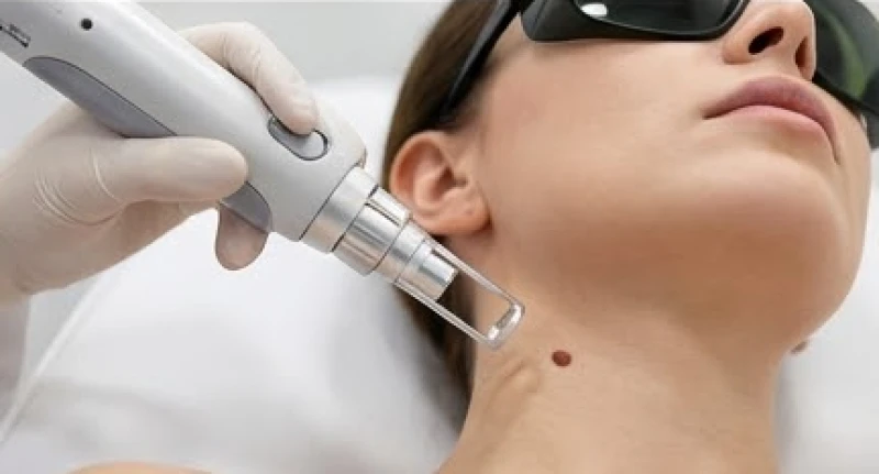 Kỹ thuật viên thao tác máy Laser CO2 Fractional tác động lên vùng có nốt ruồi