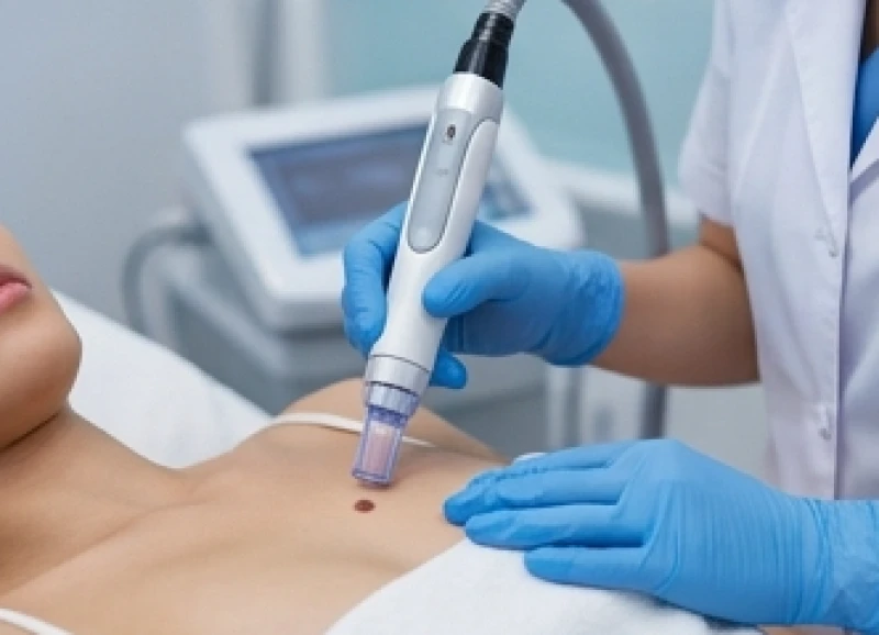 Bác sĩ sử dụng máy Laser CO2 Fractional để bóc tách lớp hắc sắc tố của nốt ruồi giữa ngực một cách nhẹ nhàng và an toàn