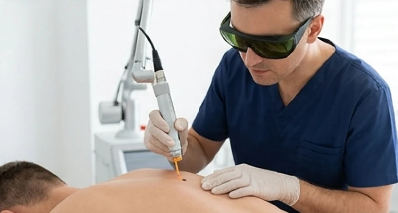 Bác sĩ đang sử dụng máy Laser CO2 vi điểm để xóa nốt ruồi trên lưng bệnh nhân một cách chính xác